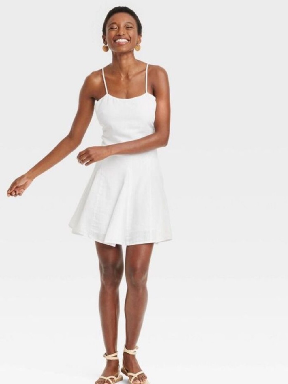 NEW A New Day Beach Bungalow White Linen Cotton Strap Mini Dress Size Medium